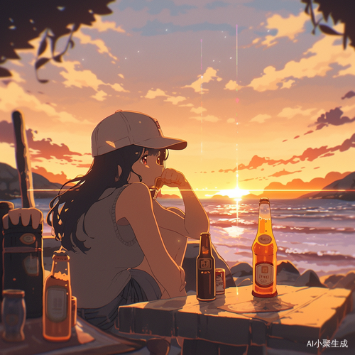 夕阳海边沙滩女孩啤酒瓶柯基