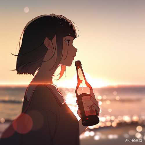 夕阳海边沙滩女孩啤酒瓶柯基