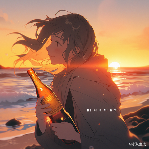 夕阳海边沙滩女孩啤酒瓶柯基