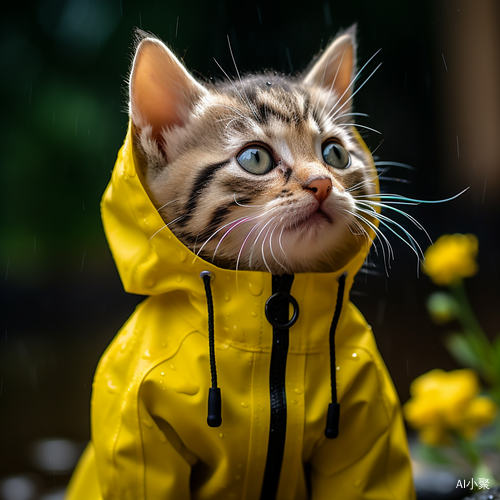 宠物摄影的杰作：世界上最小的猫在雨天穿着黄色雨衣玩水，拥有美丽的眼睛和惊人的视觉效果