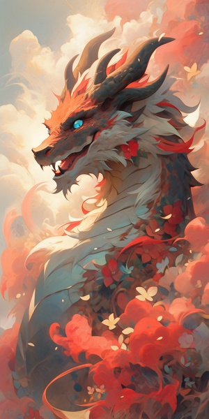 dragon,hd,wallpapers,dragon,wallpaper,,in,the,style,of,unique,yokai,illustrations,,light,red,and,light,gold,,light,white,and,teal,,multilayered,realism,,characterful,animal,portraits,,dimensional,multilayering,,high,resolution,，厚涂，皮克斯动画，精灵龙，发光，可爱，卡通龙，卡通