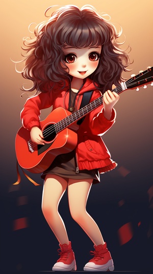 A,cute,P,cartoon,trend,Chinese,girl,holding,guitar,,Chinese,music,lead,singer,,red,long,curly,hair,,wearing,fashion,clothes,,long,legs,andhort,shorts,,wearing,fashionable,red,Doc,Marten,boots,,exaggerated,action,of,playing,guitar,,neon,light,,surealism,,clean,black,background.advanced,color,matching,,3D,,3D,rendering,,IP,modeling,,octane,rendering,ar,9:16