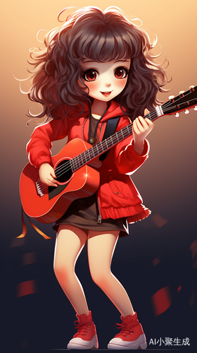 Cute Cartoon Chinese Girl with Guitar: Trendy Fashion and Advanced Technology in 3D Rendering