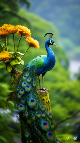 Large yellow peacock-shaped flower on green plant