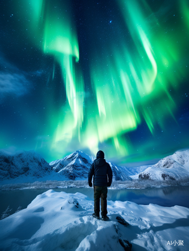 Man in heavy coat gazes at northern lights shaped as Asian dragon