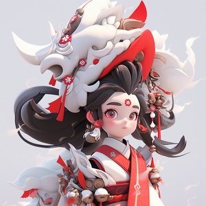 麒麟兽，可爱，呆萌呆萌，游戏风格,，with,some,feathers,on,shoulders,,a,girl,in,chinese,style,attire,with,horns,,in,the,style,of,2d,game,art,,ethereal,figures,,booru,,3d,,serene,faces,,animated,illustrations,,white,and,red，游戏中的小麒麟兽，3D，立体，游戏，英文，画面看上去是古埃及壁画