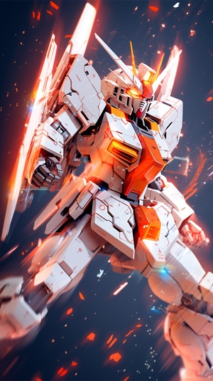 dynamic,photography,,fuji,,long,exposure,,a,white,and,orange,Gundam,mecha,,in,the,style,of,Gundam,,spread,the,wings,,lens,perspective,with,a,sense,of,story,,displayed,in,a,fighting,posture,,dispersion,,feature,article,,studio,environment,,fighting,posture,,octane,rendering,,soft,ambient,light,,with,high-definition,details,,metallic,texture,and,tension,composition,,close-up,niji,5,ar,9:16