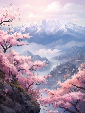 山野桃花梨花全景仰视构图插画