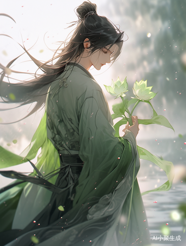 Full Body Portrait of a Handsome Man in Traditional Chinese Dress with Lotus Leaves