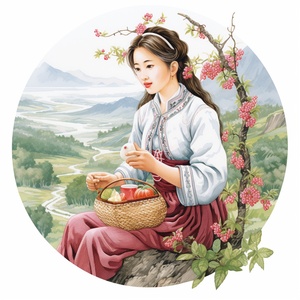 简约自然的中国山区农村绣花姑娘