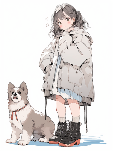 可爱女生与雪纳瑞幼犬的Q版简笔画