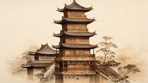 一座塔，木制，传统样式，八角九层，mortise,and,tenon,wood,structure,,no,letters,,palace,,size.