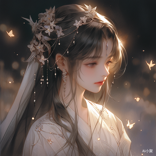 古风美女插画：华贵白色汉服，夜晚梦幻景色