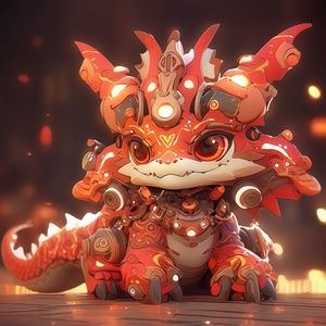 3D，立体，游戏风格，可爱，chinese,robot,dragon,dragons,design,by,hanka,,in,the,style,of,unreal,engine,5,,energy,filled,illustrations,,32k,uhd,,adorable,toy,sculptures,,masamune,shirow,,crimson,,absurdist