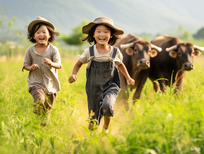 Chinese rural children playing in a mountain grassland