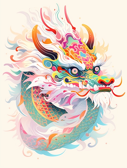 Portrait,of,a,lovely,Chinese,dragon,in,profile,,graphic,illustration,,Bamileke,,2D,,fantasy,,minimalist,,geometric,,bold,composition,,colorful,,cartoon,,white,background