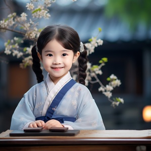 A,five,year,old,Chinese,girl,wearing,a,light,blue,Hanfu,,very,cute,,with,a,cute,and,beautiful,round,face.,She,sits,in,front,of,a,desk,and,looks,up,at,the,sky,,confident,,charming,,antique,,CG,rendered,cg,rendering