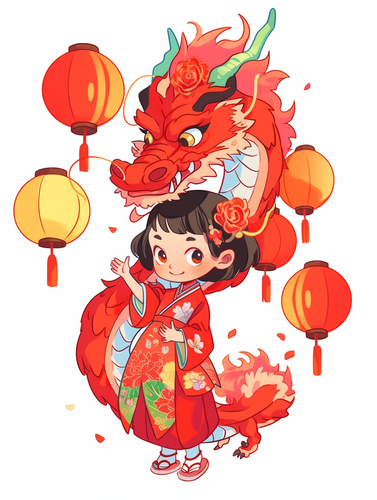 Lovely Chinese Dragon Holding Red Lanterns Art