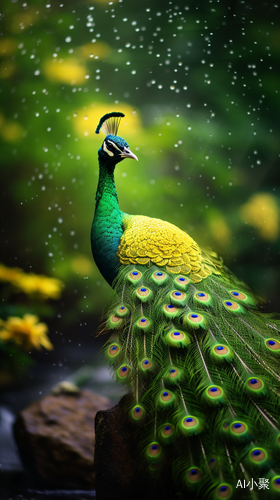 Morning Rain and the Peacock-shaped Flower on a Green Plant in the Valley