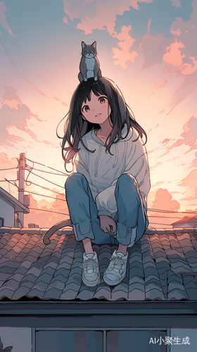 开心的小女孩与猫在房顶上欣赏宫崎骏风格的日落夕阳