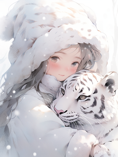 梦幻水彩质感下的白色小老虎与少女