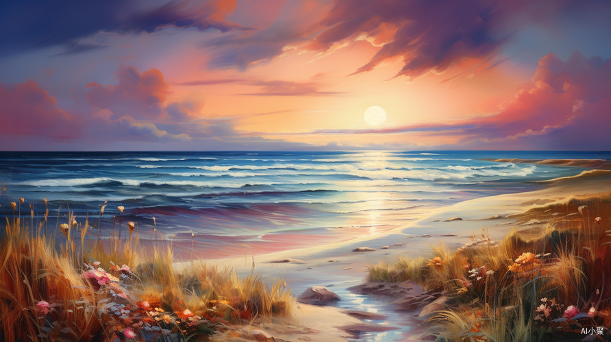 Beautiful Colorful Oil Painting of Serene Ocean Beach Landscape with Beach Reeds by Tyler Edlin and Mike Winkelmann in German Romanticism 16k Resolution