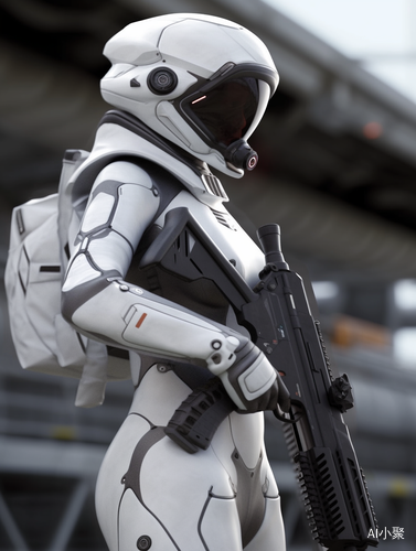 Sci-Fi Female Figure in White Tight Jumpsuit at Spaceport