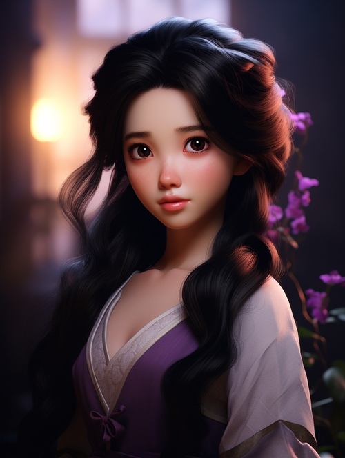 a,pretty,Chinese,woman,,big,eyes,,black,hair,,in,the,style,of,Disney,animation,,dreamy,and,romantic,strong,facialexpression,,purple,and,black,,in,the,style,of,unreal,engine,5,,soft,,romantic,scenes,,32kuhd