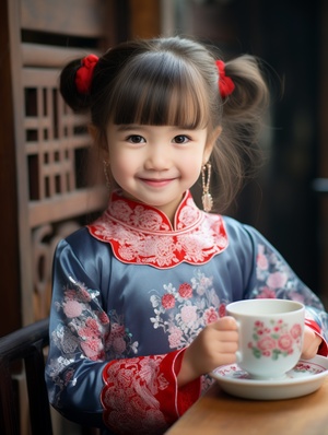 3-year-old girl with round hair buns enjoying milk tea in a Chinese-style tea house