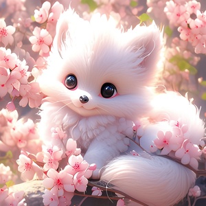 Aanthropomorphic,cute,and,adorable,baby,white,fox,with,nine,big,fluffy,tails,holding,a,pink,flower,in,forest,big,eyes,Peach,blossom,stream,enchanting,immortal,fluffy,shiny,mane,Petals,fairyism,Japanese,animation,ultra,high,detailed,unreal,engine,Octane,Render,HD