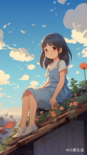 开心小女孩与猫坐在房顶上，日落夕阳温馨画面