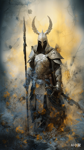 Surreal Horned Templar Knight Amidst Fog and Fallen Metallic Feathers