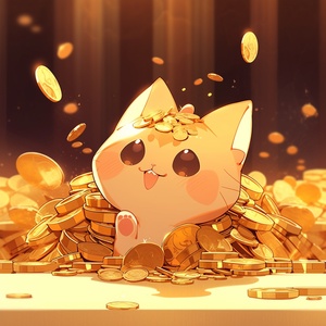 Closeup,,A,black,cat,with,big,eyes,,smiling,happily,,holding,a,lot,of,money,and,gold,,so,much,money,and,gold,on,the,table,,chibi,,in,the,style,of,pop,inspo,,light,amber,and,light,gold,,animated,gifs,,old,memecore,,romanticized,figures,,anime,style,,depth,of,field,ar,1:1,niji,5