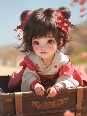 2,year,old,girl,,Chinese,blind,box,style,,Song,Dynasty,,short,hair,up,,flowing,hairband,,innocent,smile,,purple,silk,hanbok,,sitting,in,the,clouds,,dreamy,,depth,of,field,,close,up,,Unreal,Engine,,HD,,super,detail,,16k,ar,3:4,s,250,niji,5