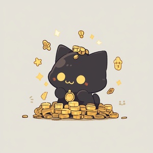 Smiling Black Cat with Lots of Money and Gold in Chibi Anime Style