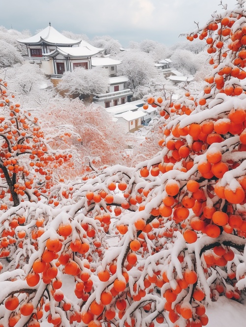 深冬，大雪覆盖下的大山村落，一棵棵高大的柿子树，树上结满了红彤彤的柿子，柿树上盖了一层厚厚的积雪，真实的摄影，高品质，高清晰度，唯美，8k，真实