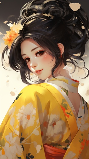 Japanese Girl in Yellow Kimono with Hair Bow and Smile