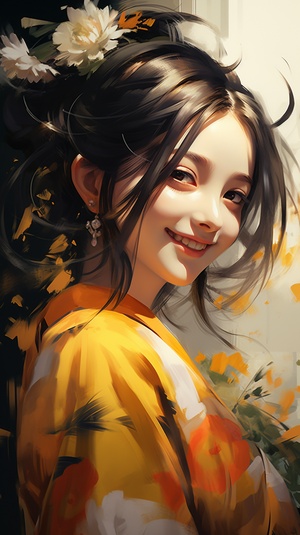 Japanese Girl in Yellow Kimono with Hair Bow and Smile