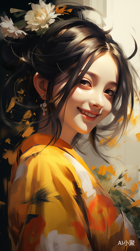 Japanese Girl in Yellow Kimono with Hair Bow and Smile