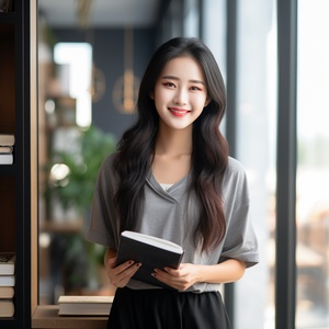 a,22,years,Chinese,woman,with,long,black,hair,and,a,confident,smile,,wearing,a,modern,and,fashionable,outfit,,standing,in,front,of,a,mirror,in,a,bright,and,spacious,room,,holding,a,book,in,one,hand,and,a,cup,of,coffee,in,the,other,,behind,her,are,various,items,that,show,her,rich,and,interesting,mind,,such,as,paintings,,musical,instruments,,plants,,and,books,,girl,((black,hair)),(modern),young