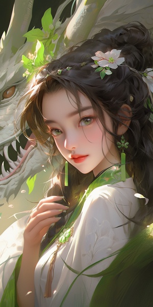 an,anime,girl,and,dragon,hair,in,green,colored,clothing,with,a,flower,headdress,,in,the,style,of,zhang,jingna,,dark,white,and,light,bronze,,32k,uhd,,serene,faces,,trick,of,the,eye,paintings,,emphasis,on,facial,expression,,indian,scenes