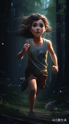 奔跑的少女在幽暗森林中：3D/8K皮克斯最佳质量