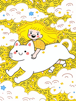 A,giant,yellow,long-haired,cat,,running,onthe,clouds,,riding,a,cute,little,girl,on,her,back,surrounded,by,white,clouds,,colorful,stars,,paleyellow,and,white,,doodle,in,the,style,of,Keith,Haring,sharpie,illustration,,minimalist,ar,3:4,niji,5