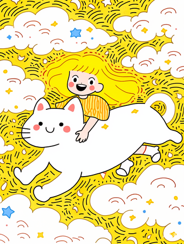 Giant Yellow Long-haired Cat Running on Clouds with Cute Little Girl