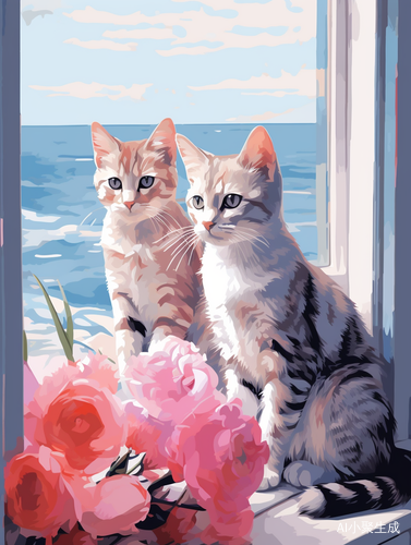 简笔画小猫咪窗前观海，与郁金香共舞