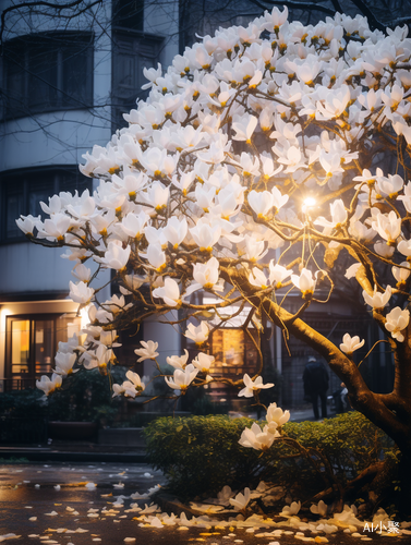 Huge White Magnolia Tree in the Corner of the City