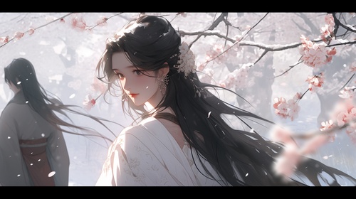 black,white,boy,,blacktype,female,,with,long,hair,,in,the,style,of,chinese,painting,,epic,fantasy,scenes,,nightcore,,northern,and,southern,dynasties,,cherry,blossoms,,handsome,,dark,white,and,amber,niji5