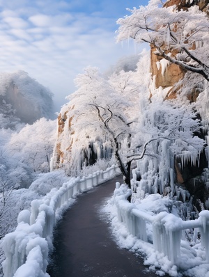 河南老君山金顶景区的雪后美景真是雄伟壮观，宛如仙境一般。整个景区被洁白的雪花覆盖，仿佛蒙上了一层银白色的面纱。高耸入云的山峦在雪的映衬下显得格外峻拔，宛如一座巍峨的守护者。树林也被雪花装点得如诗如画，枝叶上挂满了晶莹剔透的冰挂，闪烁着迷人的光芒。远处的冰川和冰瀑更是壮观，冰柱垂挂、水流穿行，形成了奇特而壮观的冰雪景观。站在金顶上，可以俯瞰整个景区，眺望群山连绵起伏，白雪皑皑，仿佛置身于一个童话般的世界。这片雪后美景的壮丽景象不仅给人带来视觉上的享受，更让人感受到大自然的伟力和壮丽。在这里漫步，仿佛融入了大自然的怀抱，心灵得到了洗涤和宁静色影）