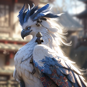 中国风，3DGriffin，古风画卷，立体，，Griffin，，an,anime,version,of,a,lovely,blue,and,white,Griffin,,in,the,style,of,unreal,engine,5,,characterful,animal,portraits,,eve,ventrue,,furry,art,,captures,the,essence,of,nature,,distinctive,nose,and,feathers，with,some,feathers,on,shoulders,,Griffin,,in,chinese,style,attire,with,horns,,in,the,style,of,2d,game,art,,ethereal,figures,,booru,,3d,,serene,faces,,animated,illustrations,,white,and,blue，仿佛是山海经中的神兽，背景是古代街巷，画面中没有人类