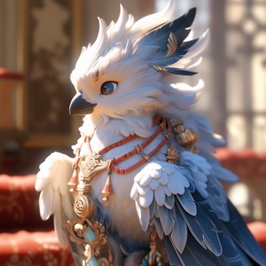 中国风，3DGriffin，古风画卷，立体，，Griffin，，an,anime,version,of,a,lovely,blue,and,white,Griffin,,in,the,style,of,unreal,engine,5,,characterful,animal,portraits,,eve,ventrue,,furry,art,,captures,the,essence,of,nature,,distinctive,nose,and,feathers，with,some,feathers,on,shoulders,,Griffin,,in,chinese,style,attire,with,horns,,in,the,style,of,2d,game,art,,ethereal,figures,,booru,,3d,,serene,faces,,animated,illustrations,,white,and,blue，仿佛是山海经中的神兽，背景是古代街巷，画面中没有人类